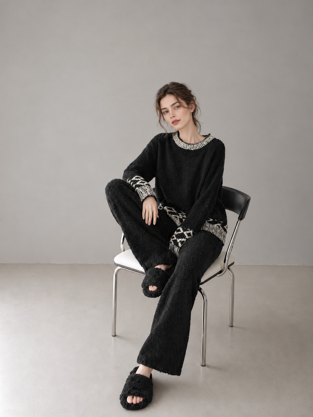 Women's Black Half Fleece Loungewear Set, Crew Neck Long Sleeve Diamond Intarsia Top & Long Pants, Angled Front View