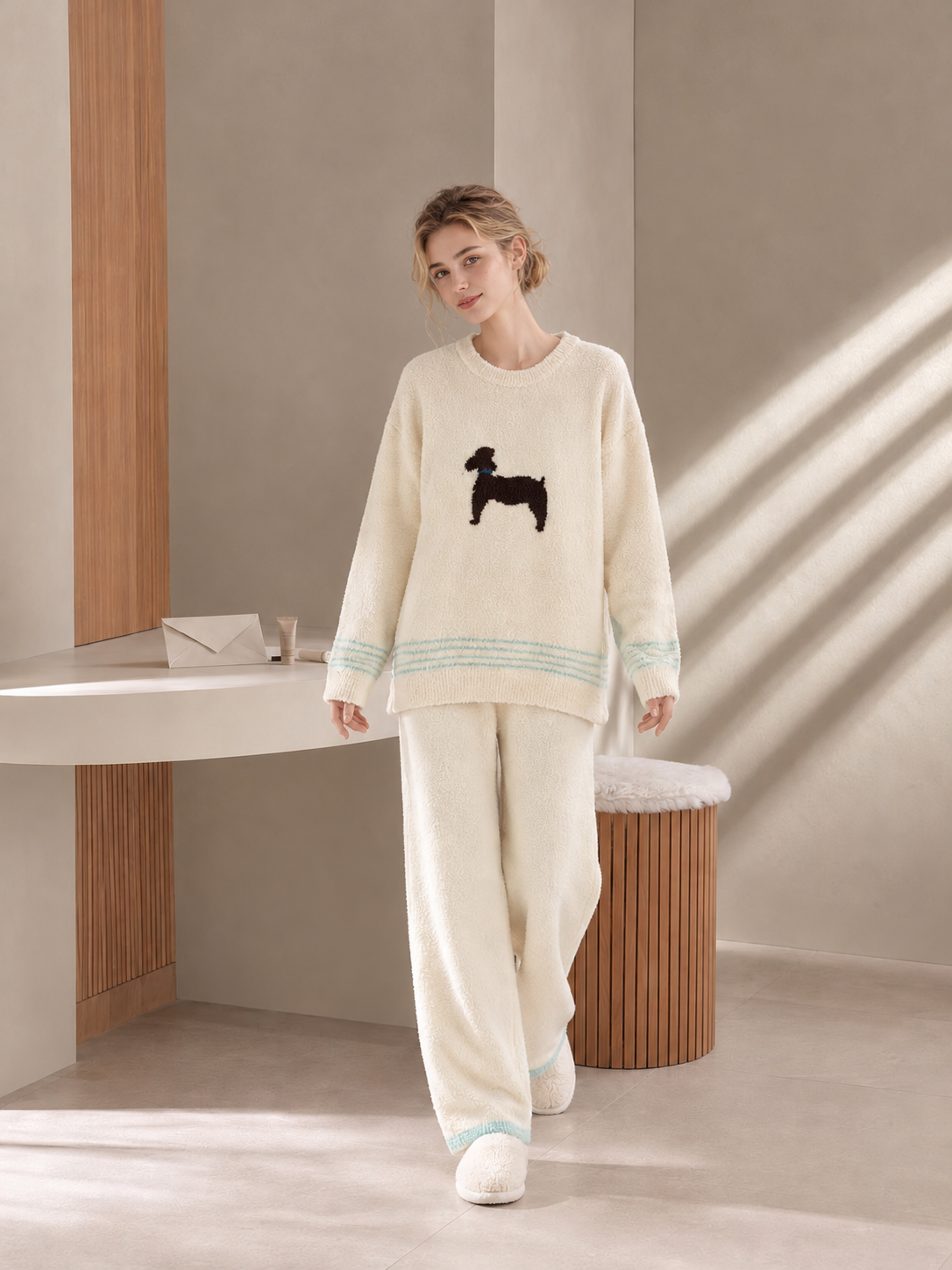 Women's Cream White Half Fleece Loungewear Set, Puppy Pattern Crew Neck Top & Long Pants with Stripe Hem, Angled Front View