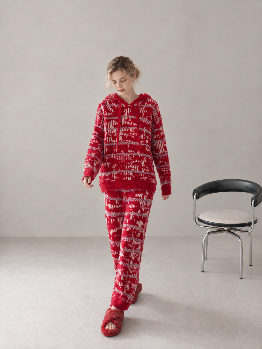 Women's Red and Light Gray Half Fleece Sleepwear Set, Drawstring Hood Long Sleeve Top & Wide Leg Trousers, Allover Abstract Plaid Pattern