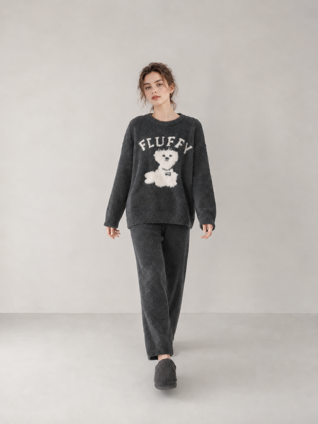 Women's Charcoal Gray Half Fleece Sleepwear Set, Crew Neck Long Sleeve Top & Wide Leg Pants, White Puppy Graphic with Lettering Jacquard