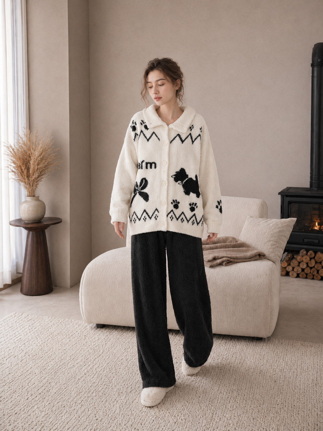 Women's Cream & Black Half Fleece Loungewear Set, Collared Button-Front Cardigan Top & Wide Leg Trousers, Bow Letter Puppy Jacquard Design
