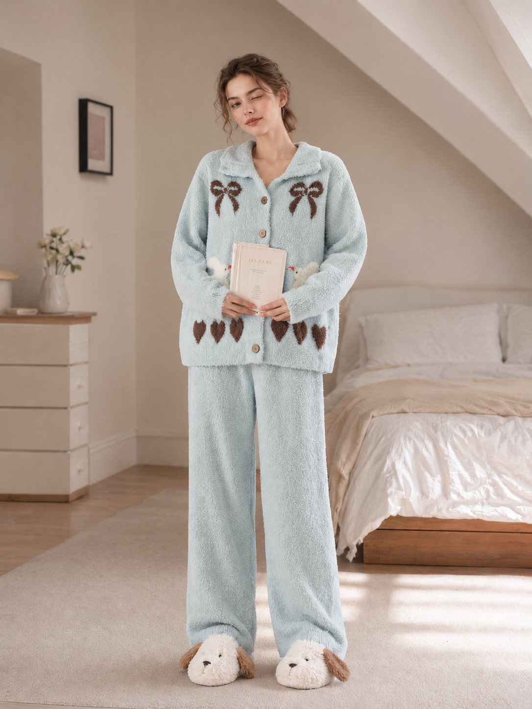 Women's Light Blue Half Fleece Loungewear Set, Pajama Collar Button-Front Top & Wide Leg Trousers, Bow Dove Heart Jacquard Pattern
