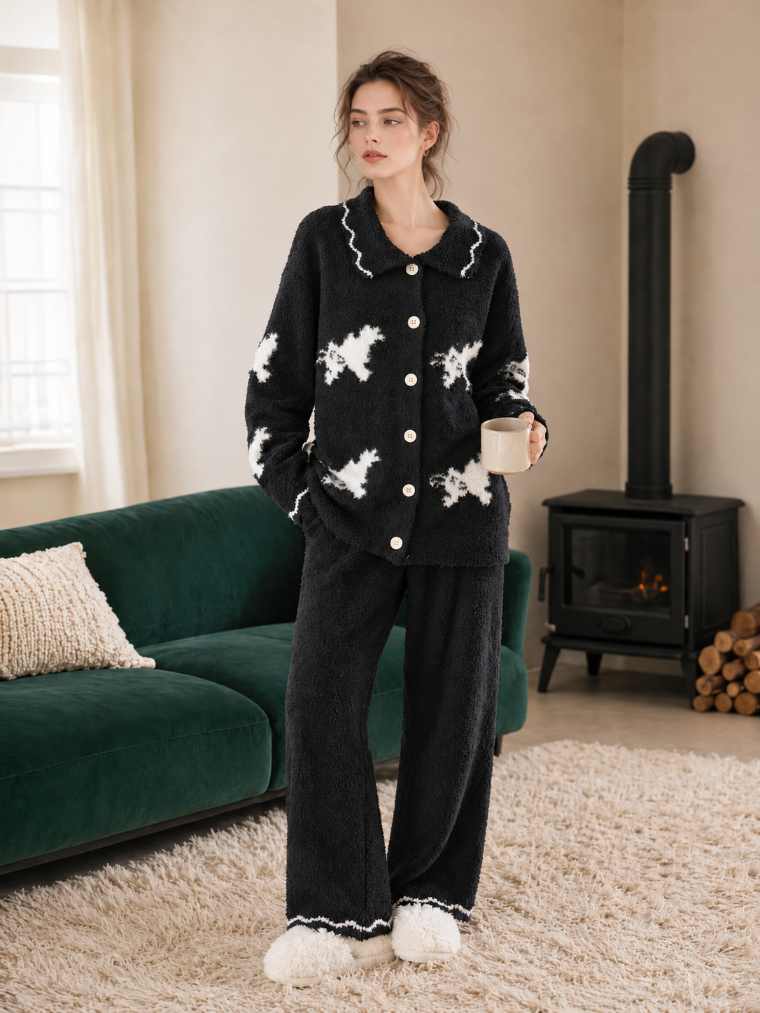 Women's Black Half Fleece Sleepwear Set, Collared Button-Front Long Sleeve Top & Wide Leg Pants, Puppy Motif Jacquard Design