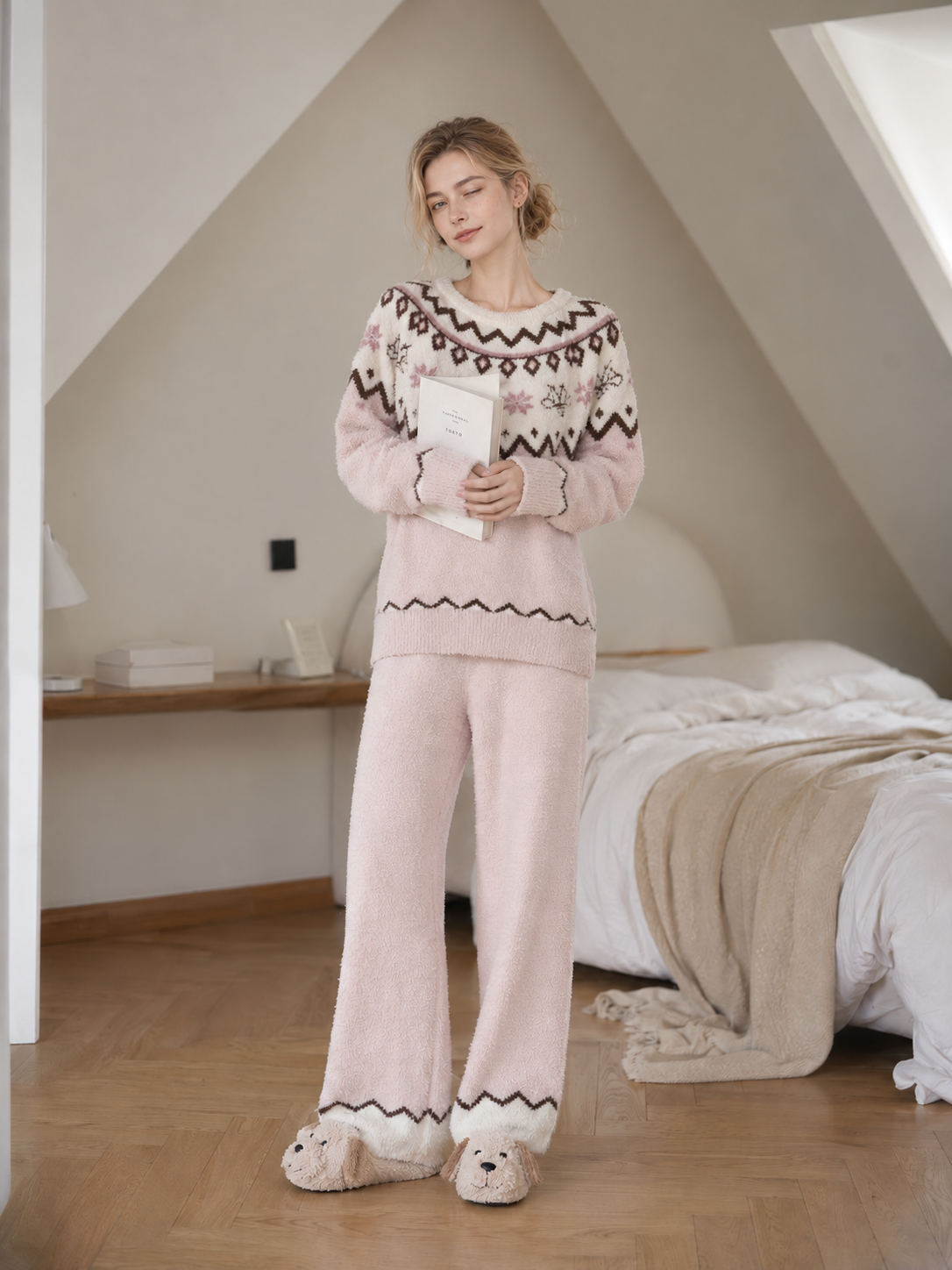 Women's Pink & Cream Half Fleece Loungewear Set, Crew Neck Long Sleeve Fair Isle Jacquard Top & Wide Leg Pants, Zigzag Cuff and Hem Craft