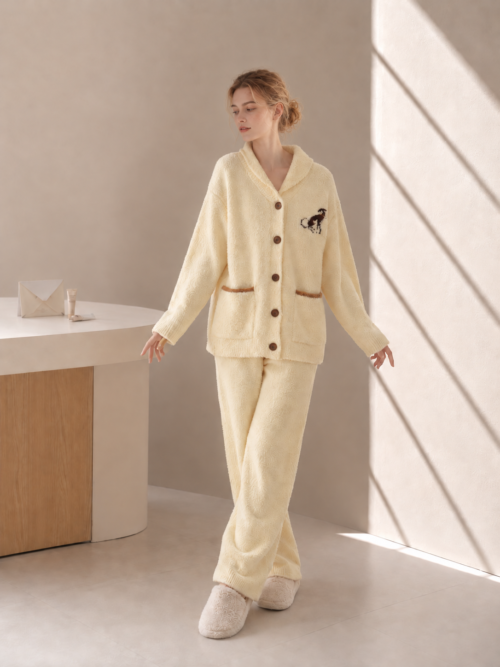 Women's Off-White Half Fleece Sleepwear Set, Shawl Collar Full Placket Long Sleeve Top & Elastic Waist Trousers, Dog Embroidery, Contrast Trim Pockets Detail