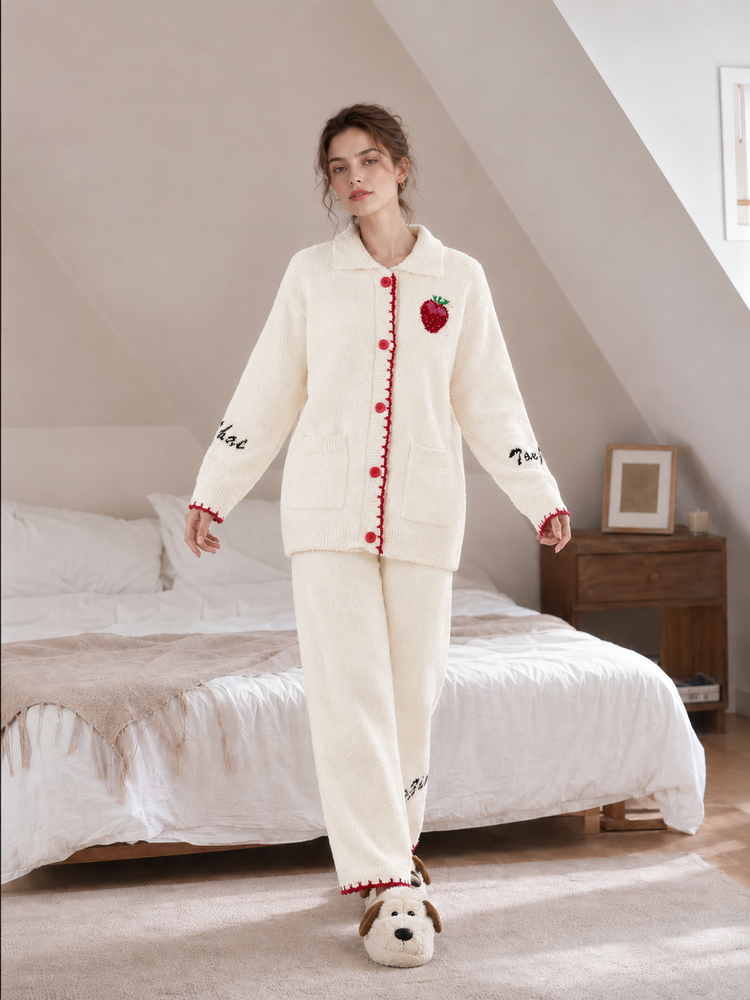 Women's Cream Half Fleece Sleepwear Set, Lapel Collar Button Front Long Sleeve Top & Elastic Waist Wide Leg Trousers, Strawberry Graphic, Shell Stitch Trim & Front Pocket Detail
