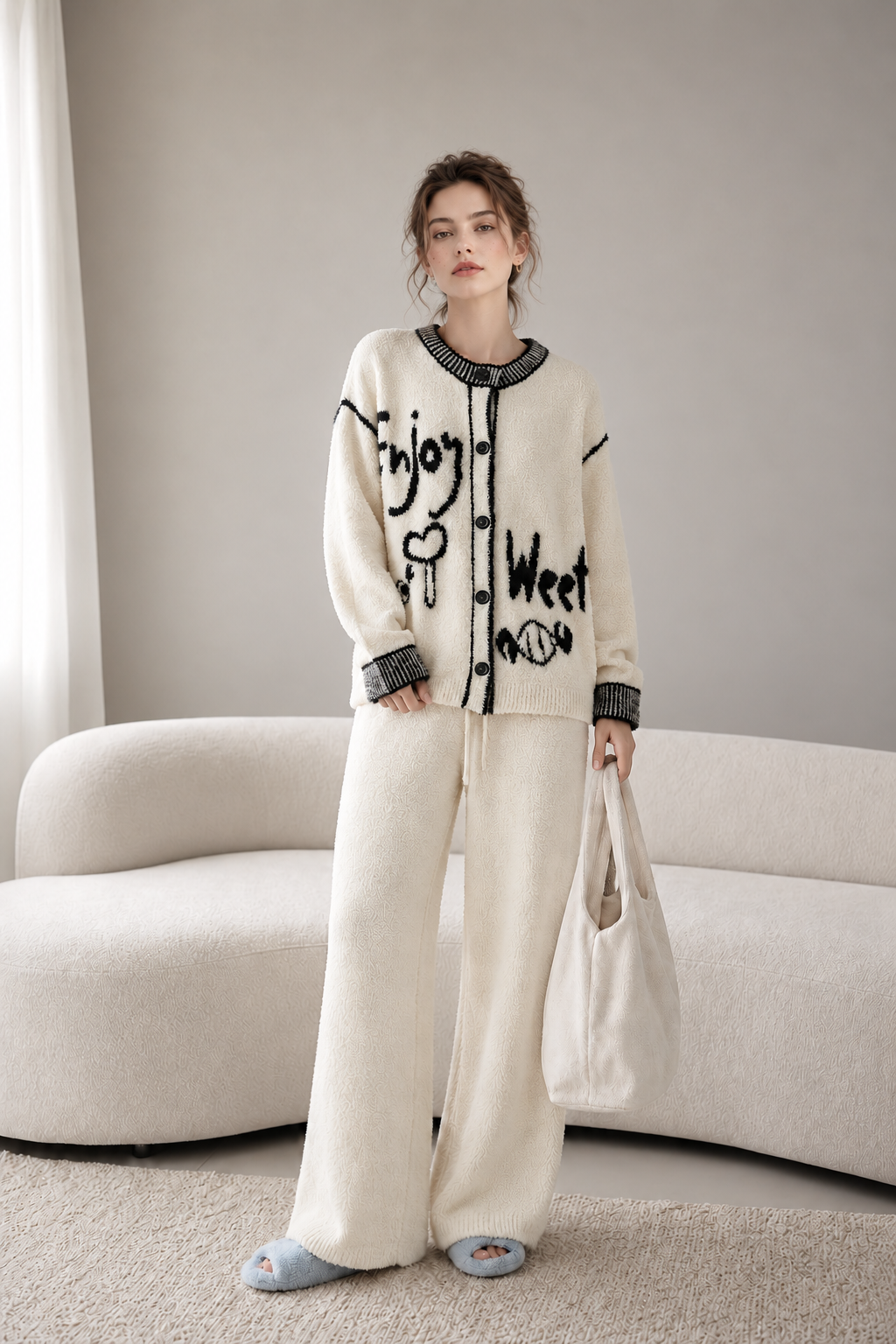 Off-White Half Fleece Sleepwear Set, Graffiti Jacquard Button Front Cardigan, Wide Leg Drawstring Pants with Side Pockets
