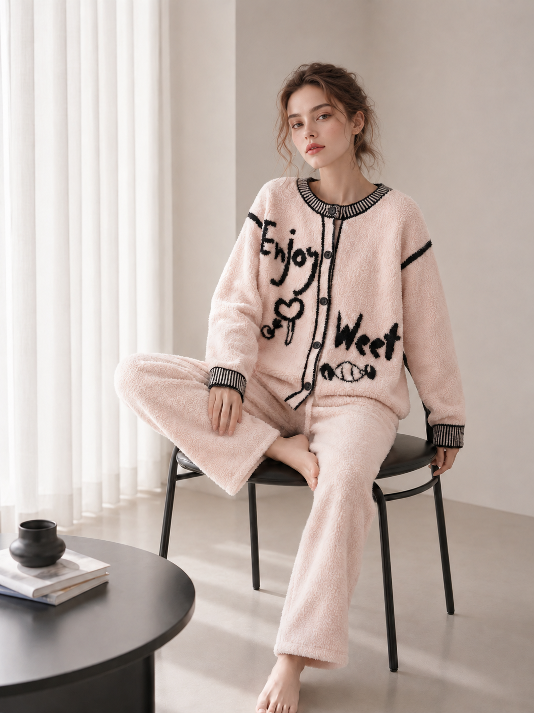Light Pink Half Fleece Loungewear Set, Crew Neck Button Front Cardigan with Candy & Letter Jacquard, Drawstring Trousers
