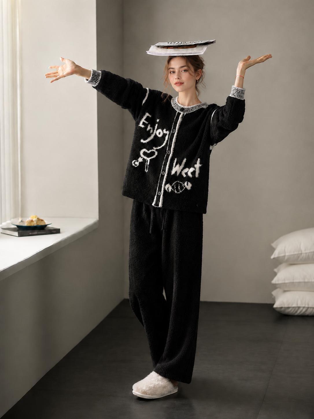 Black Half Fleece Loungewear Set, Crew Neck Button Front Cardigan with Candy & Letter Jacquard, Drawstring Trousers
