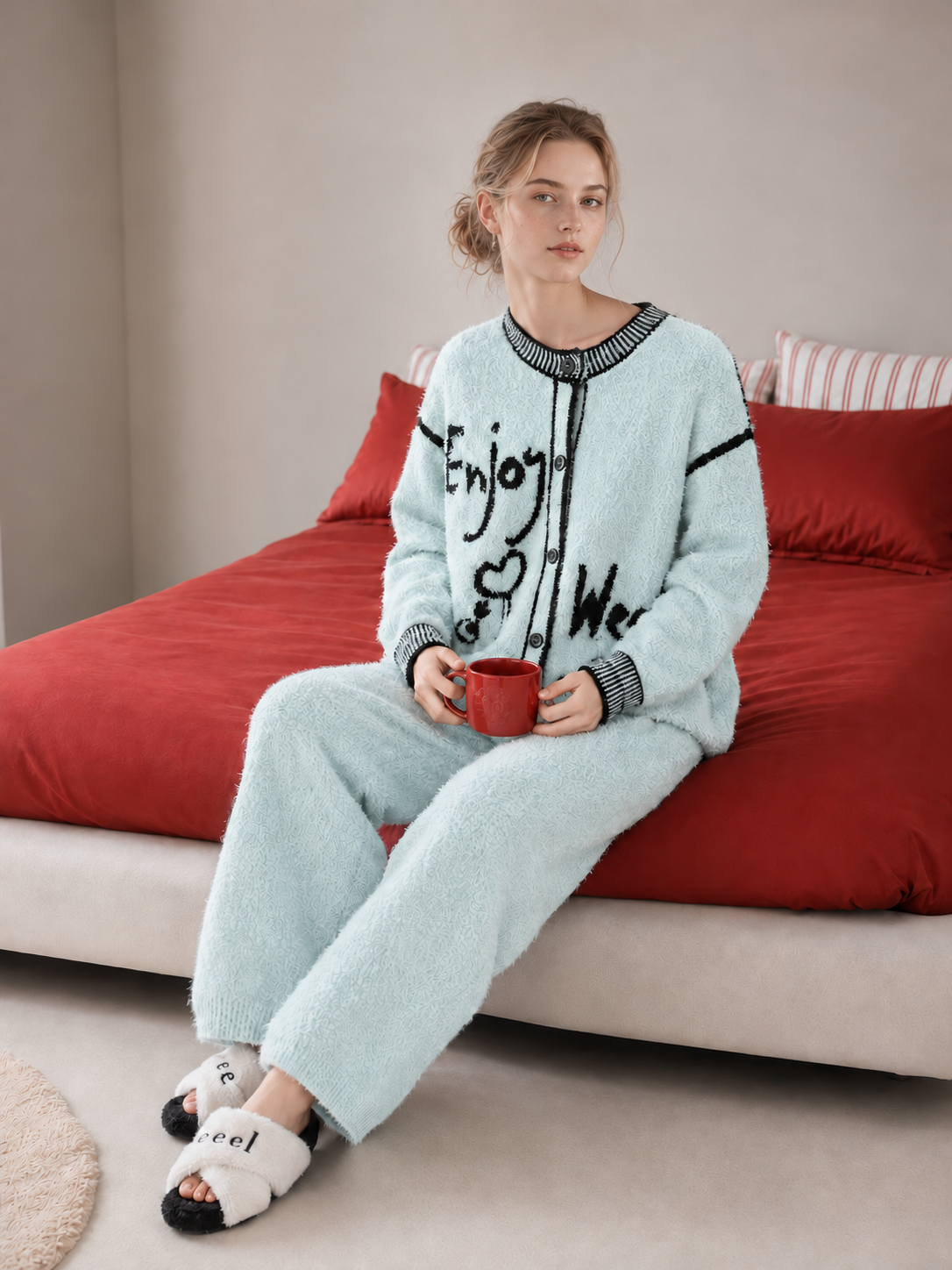 Light Blue Half Fleece Loungewear Set, Crew Neck Button Front Cardigan with Candy & Letter Jacquard, Drawstring Trousers