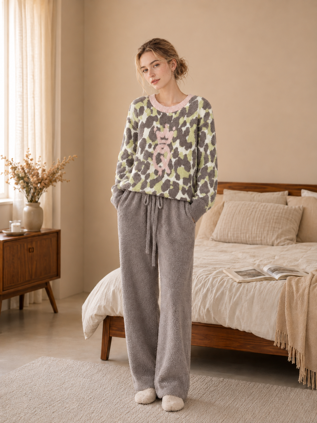 Women's Grey Green Leopard Half Fleece Sleepwear Set, Pink Crew Neck Long Sleeve Top & Drawstring Wide Leg Pants, Irregular Leopard Print, Soft Textured Fabric