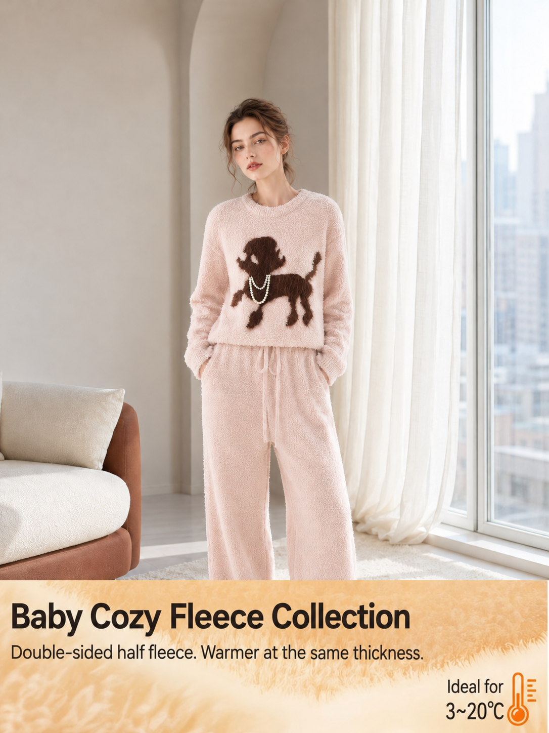 Women's Light Pink Half Fleece Pajama Set, Crew Neck Long Sleeve Top & Drawstring Wide Leg Pants, Brown Puppy Graphic, Side Pocket Detail
