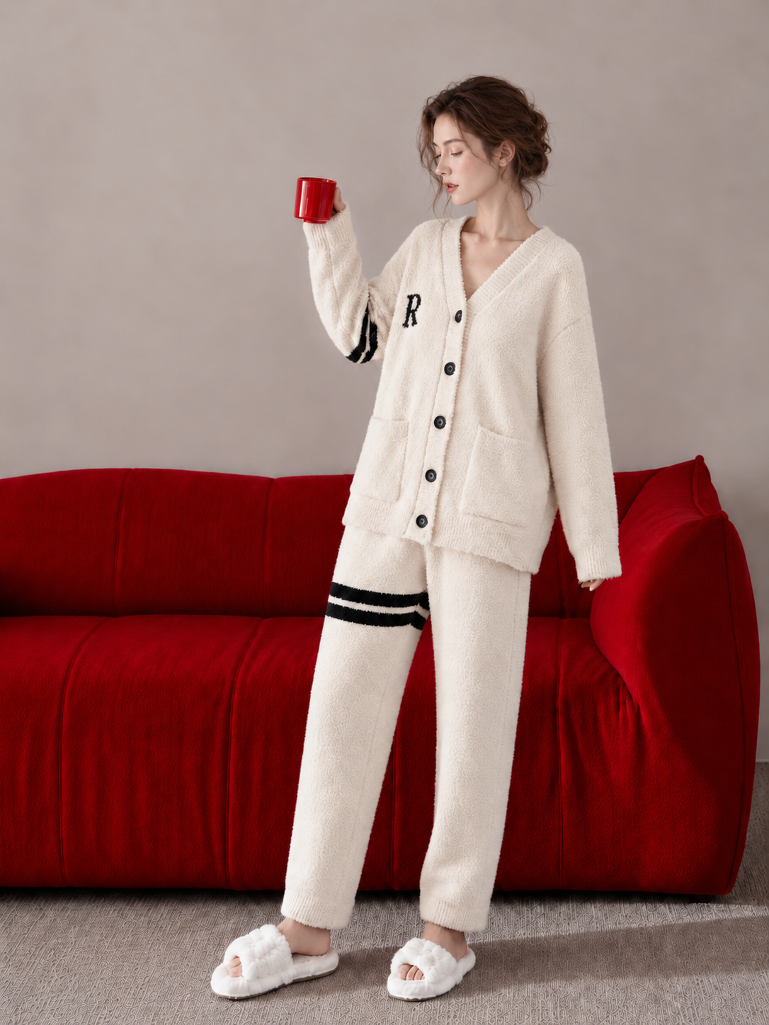 R Letter Varsity Stripe V-Neck Half Fleece Pajama Set Women's Heather Grey Warm Winter Loungewear - Image 19