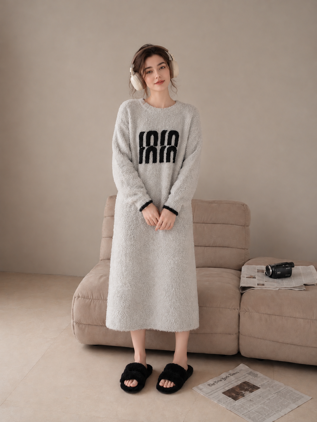 3D Letter Embroidery Crew Neck Half Fleece Nightgown Women's Beige Contrast Cuff Warm Winter Sleep Dress - Image 15