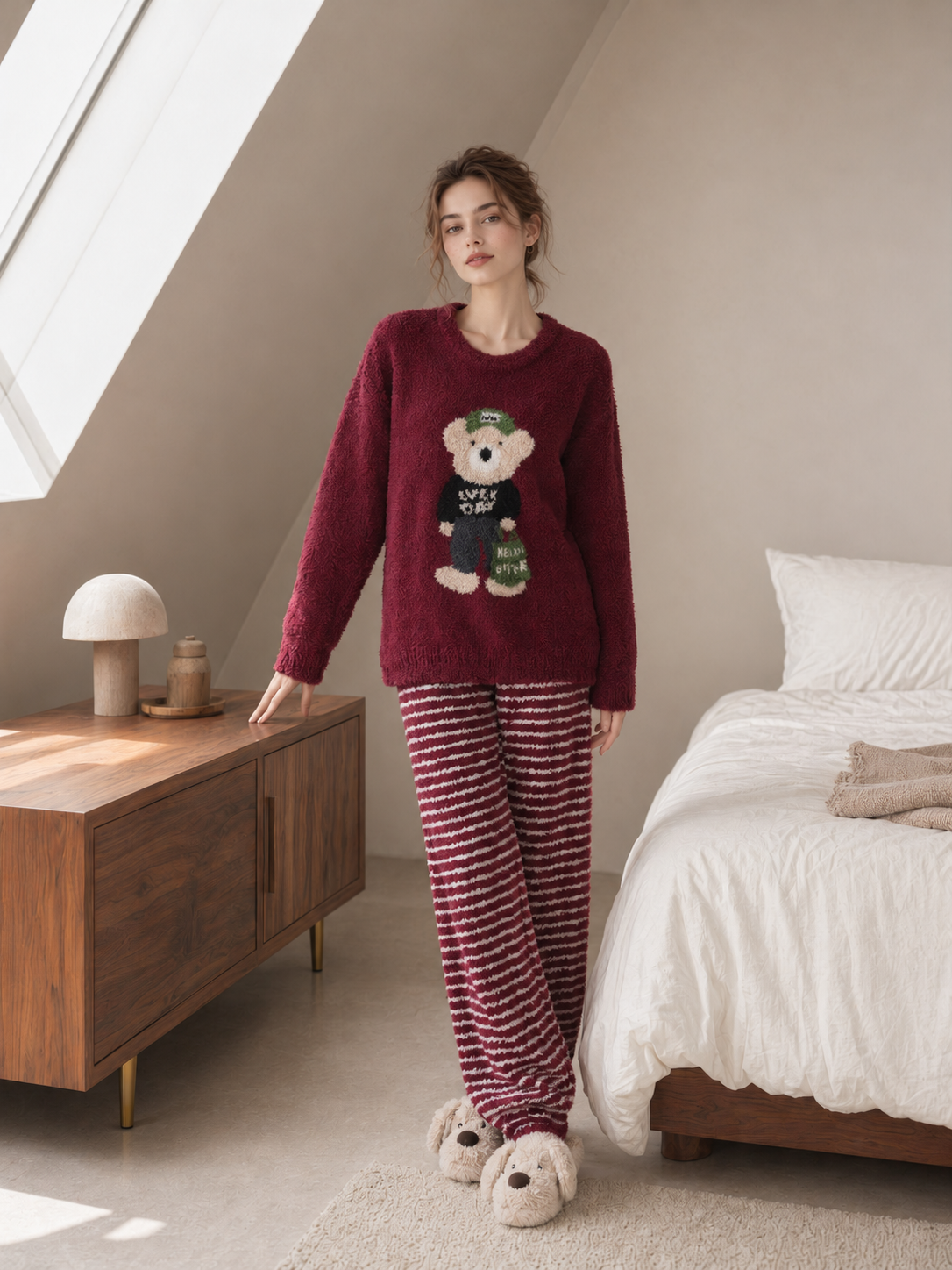 Teddy Bear Print Crew Neck Half Fleece Pajama Set Women's Red Striped Jogger Pants Warm Winter Loungewear - Image 12
