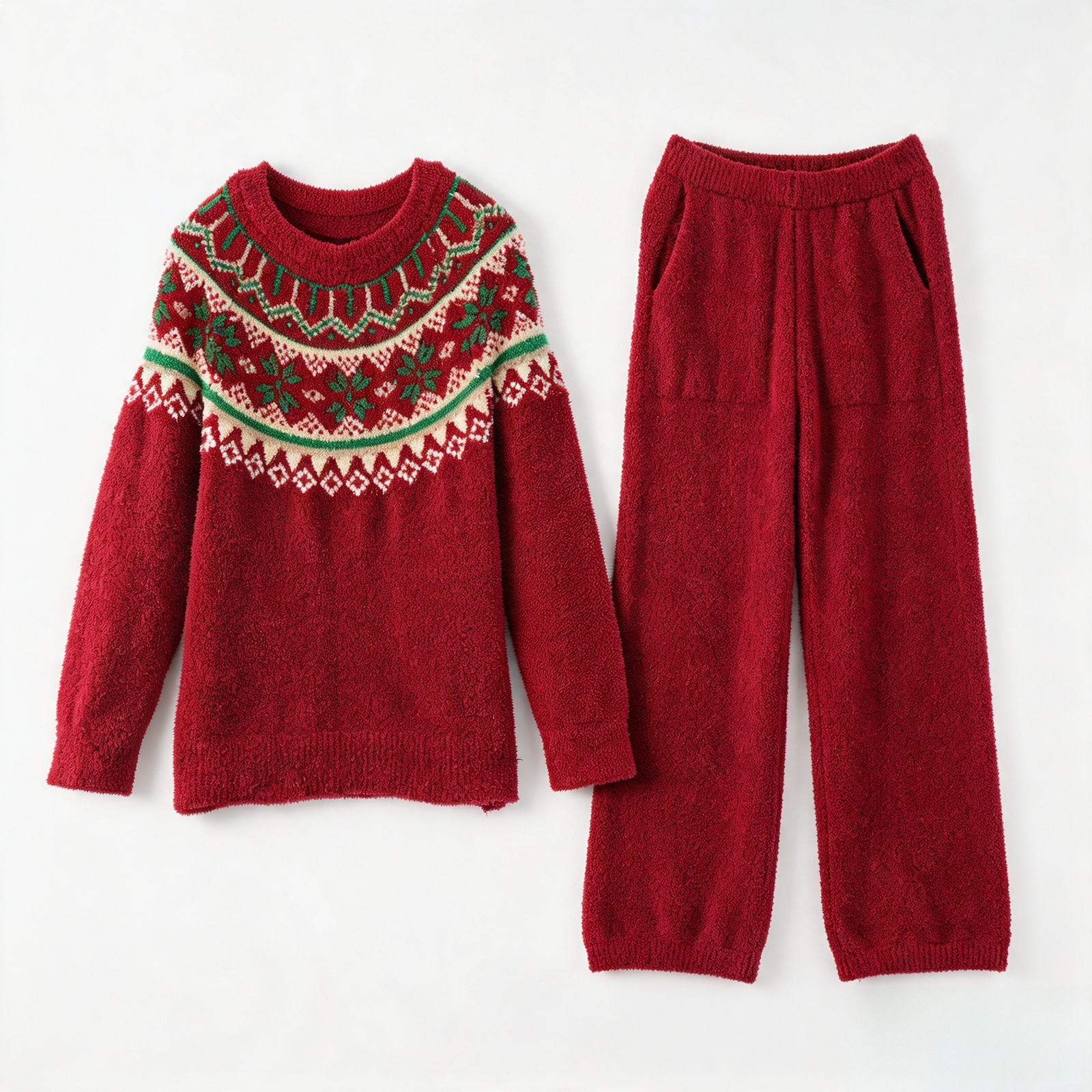 Cream Fair Isle Yoke Crew Neck Half Fleece Pajama Set Women's Vintage Winter Loungewear - 이미지 24