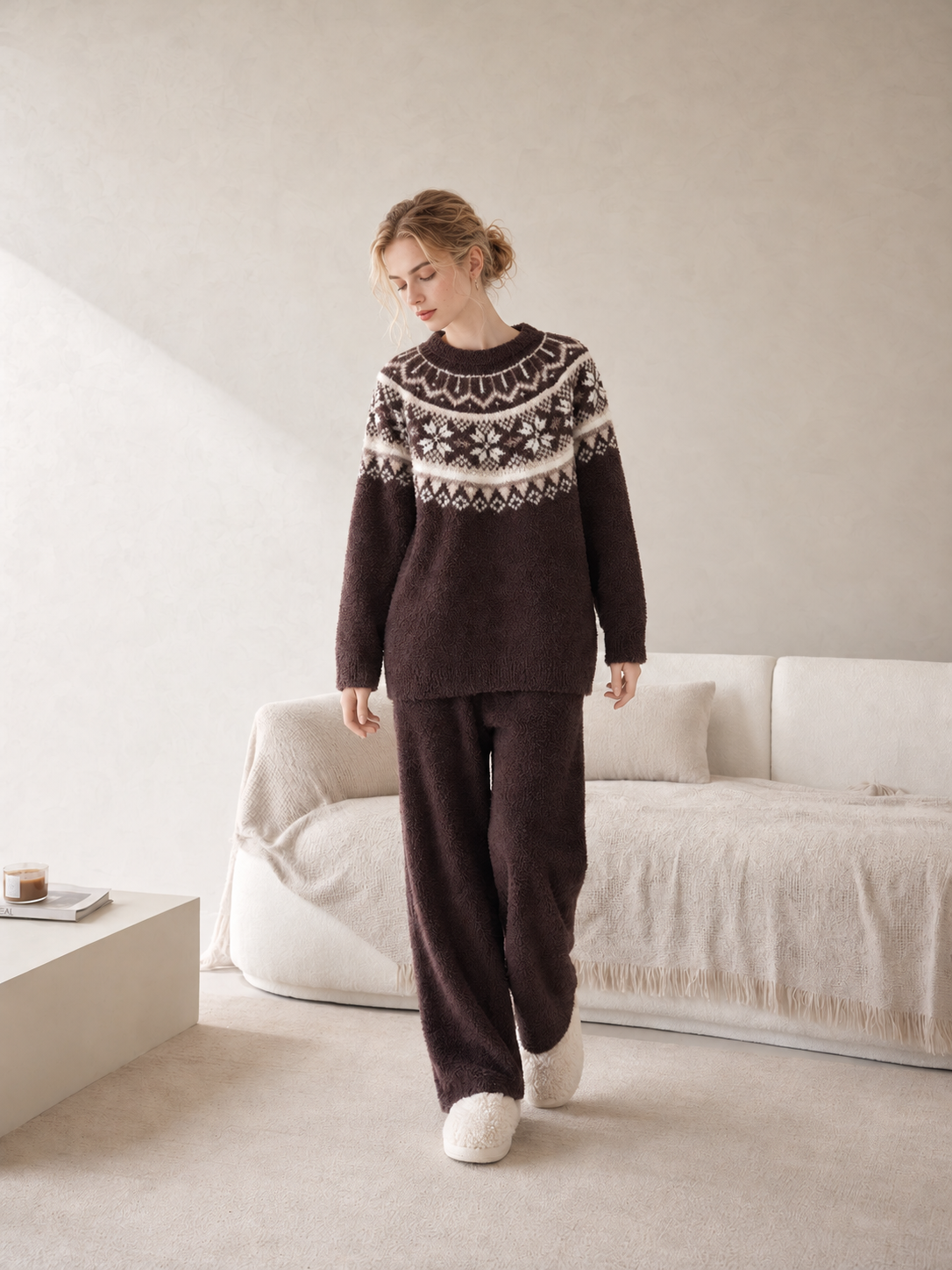 Cream Fair Isle Yoke Crew Neck Half Fleece Pajama Set Women's Vintage Winter Loungewear - 이미지 12