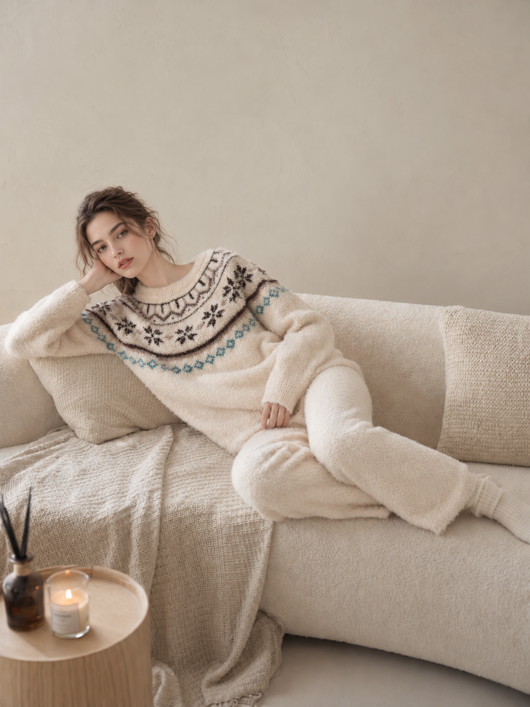 Cream Fair Isle Yoke Crew Neck Half Fleece Pajama Set Women's Vintage Winter Loungewear - 이미지 3