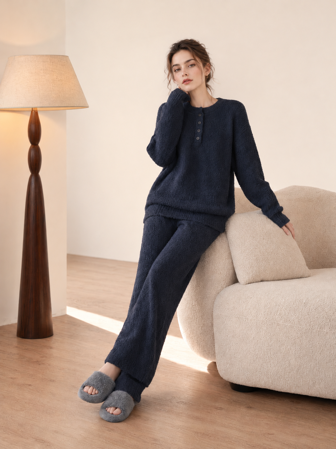 Oatmeal Henley Half Fleece Pajama Set Men's Warm Winter Loungewear with Pockets - Image 3