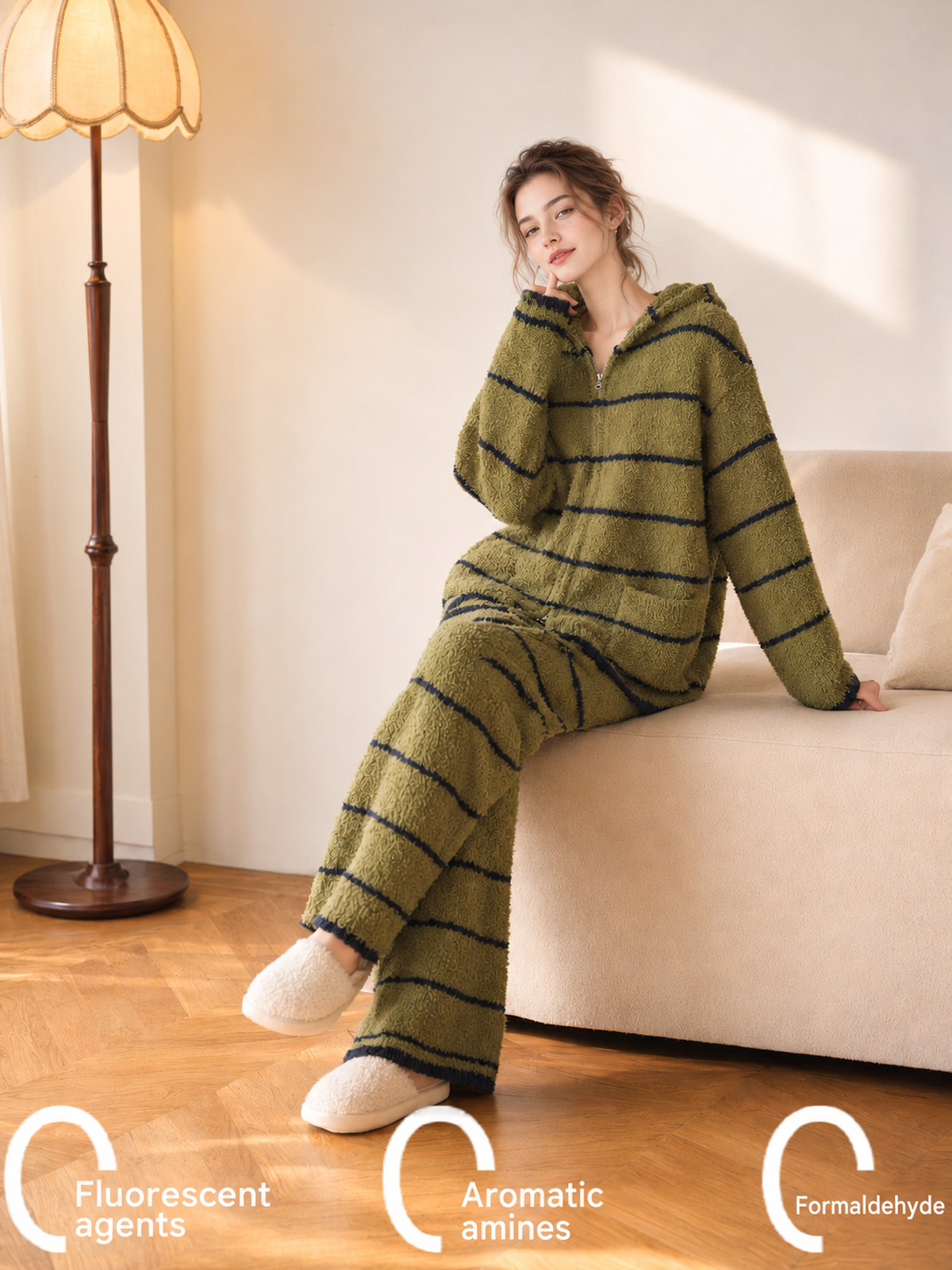 Green White Striped Zip Up Hooded Half Fleece Pajama Set Women's Warm Winter Loungewear with Pockets - Image 5