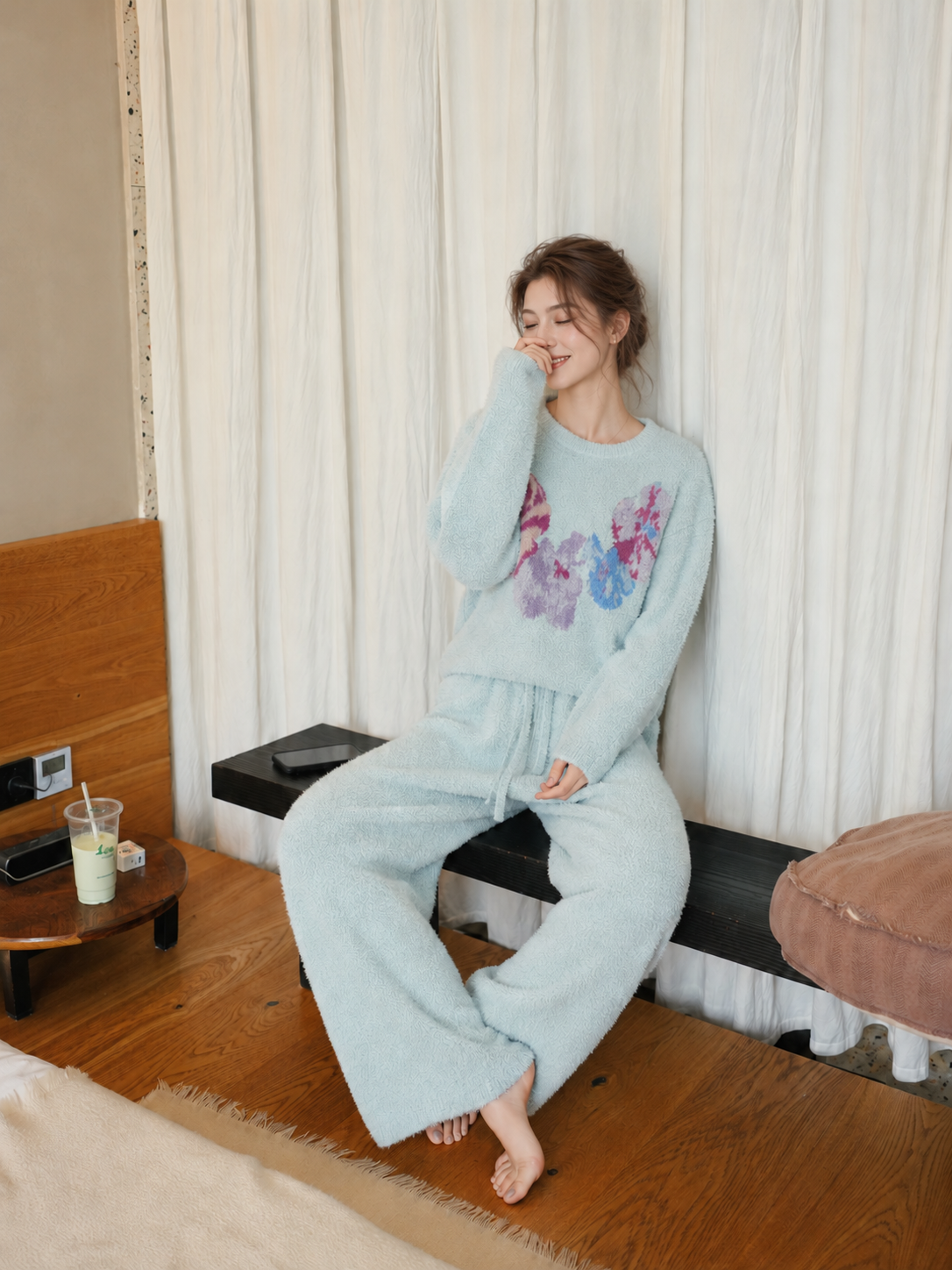 Cream Colorful Floral Print Crew Neck Half Fleece Pajama Set Women's Warm Winter Loungewear - Image 2