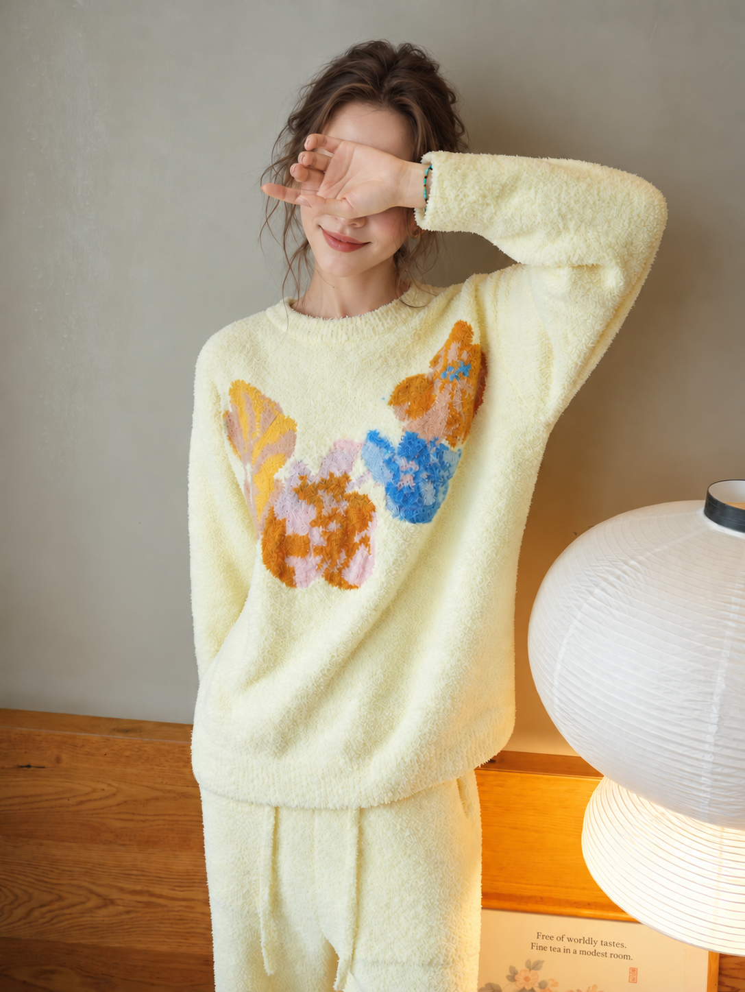 Cream Colorful Floral Print Crew Neck Half Fleece Pajama Set Women's Warm Winter Loungewear - Image 28