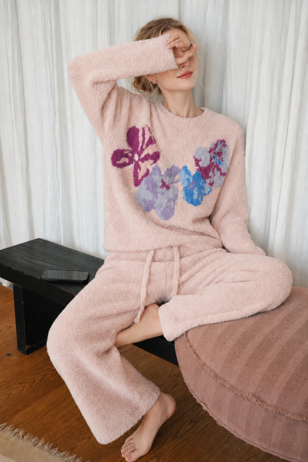 Cream Colorful Floral Print Crew Neck Half Fleece Pajama Set Women's Warm Winter Loungewear - Image 8