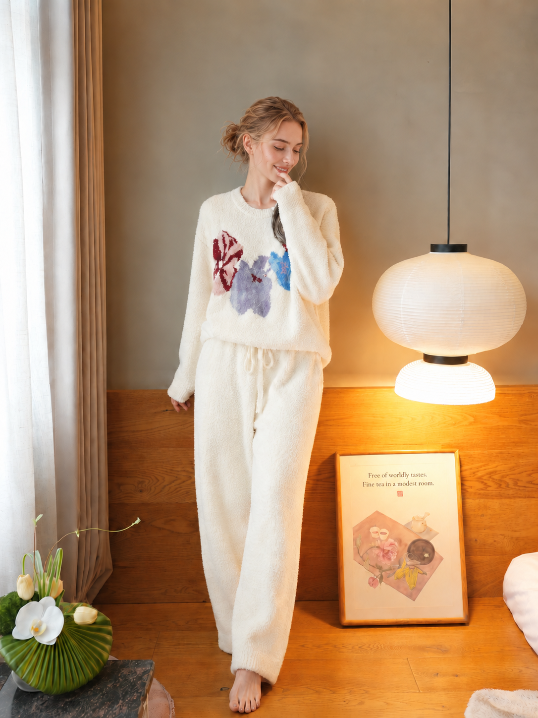 Cream Colorful Floral Print Crew Neck Half Fleece Pajama Set Women's Warm Winter Loungewear - Image 18