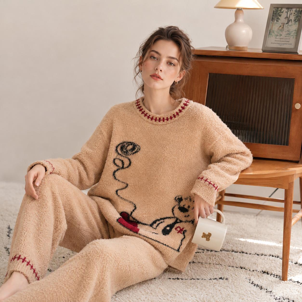 Women's Khaki Half Fleece Pajama Set, Crew Neck Long Sleeve Top & Wide Leg Pants, Bear Jacquard Pattern, Red Contrast Stitching Cuffs & Hems