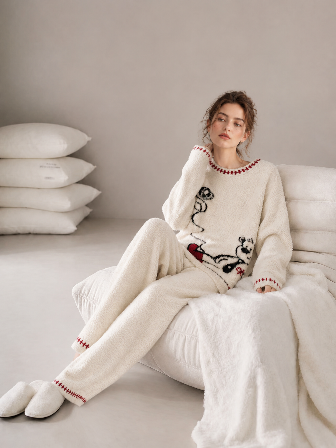 Women's Cream Half Fleece Loungewear Set, Crew Neck Long Sleeve Top & Wide Leg Pants, Bear Graphic Pattern, Red Stitching Detail, Cozy Plush Texture