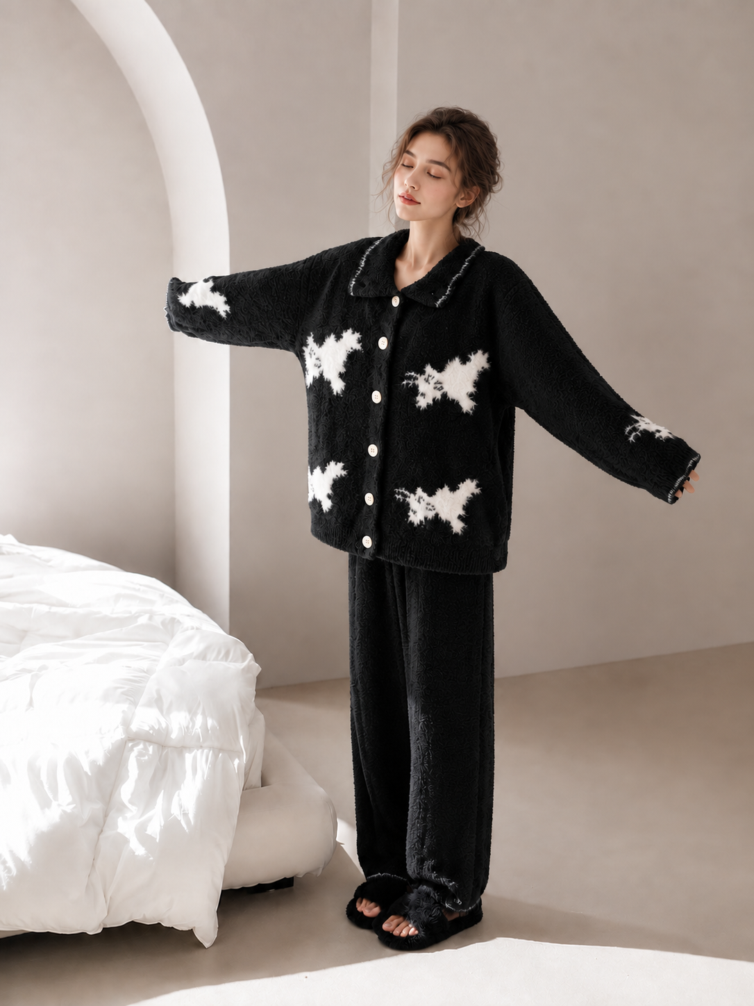 Women's Black Half Fleece Pajama Set, Collared Full Button Long Sleeve Top & Wide Leg Pants, Puppy Embellishment, Contrast Neckline & Cuff Trim