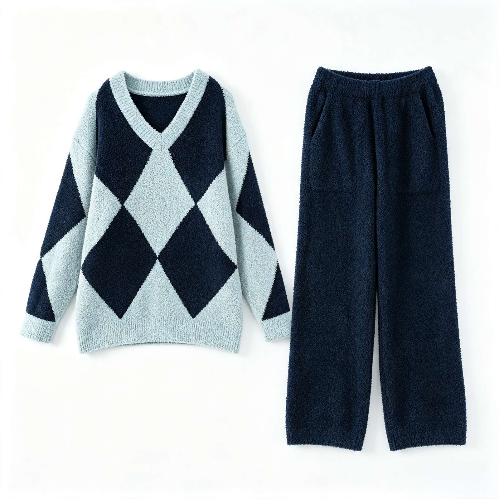 Women's Navy and Light Blue Half Fleece Pajama Set, Argyle Jacquard V-Neck Top, Relaxed Fit Wide Leg Pants, Ribbed Cuffs & Hem