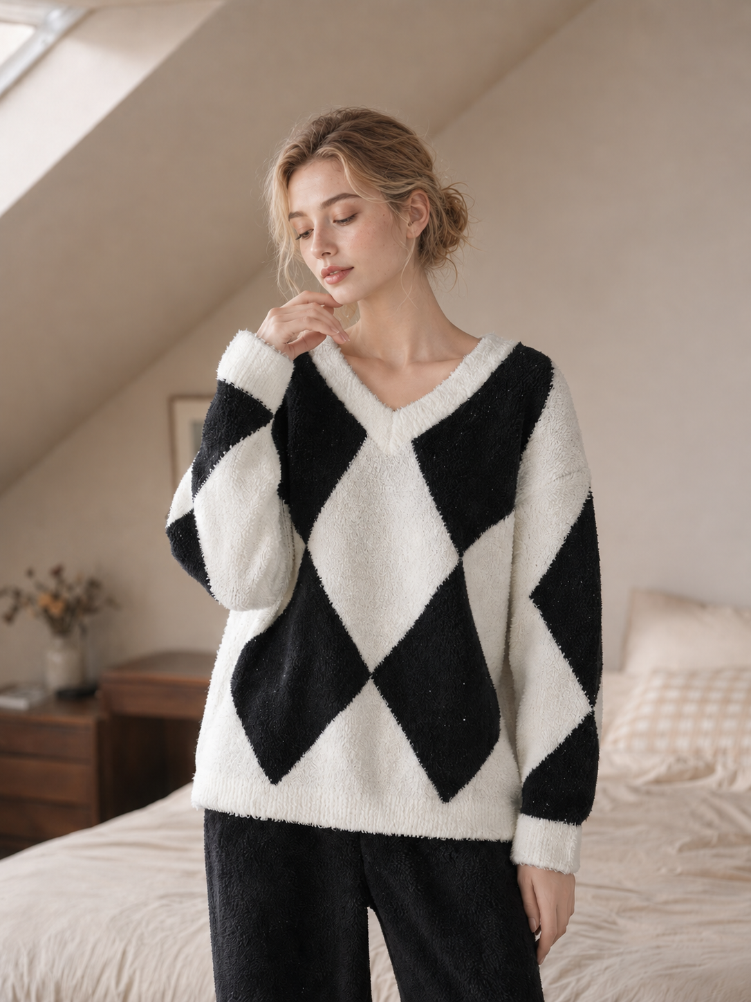 Women's Black and White Half Fleece Pajama Set, Argyle Jacquard V-Neck Top, Relaxed Fit Wide Leg Pants, Ribbed Trim Cuffs & Hem