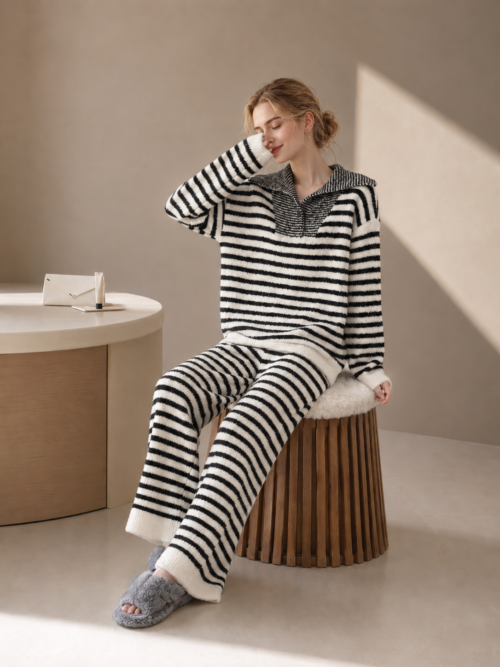 Women's Black & White Striped Half Fleece Pajama Set, Collared Half-Button Long Sleeve Top, Wide Leg Pants with Ribbed Hem, Elastic Waistband
