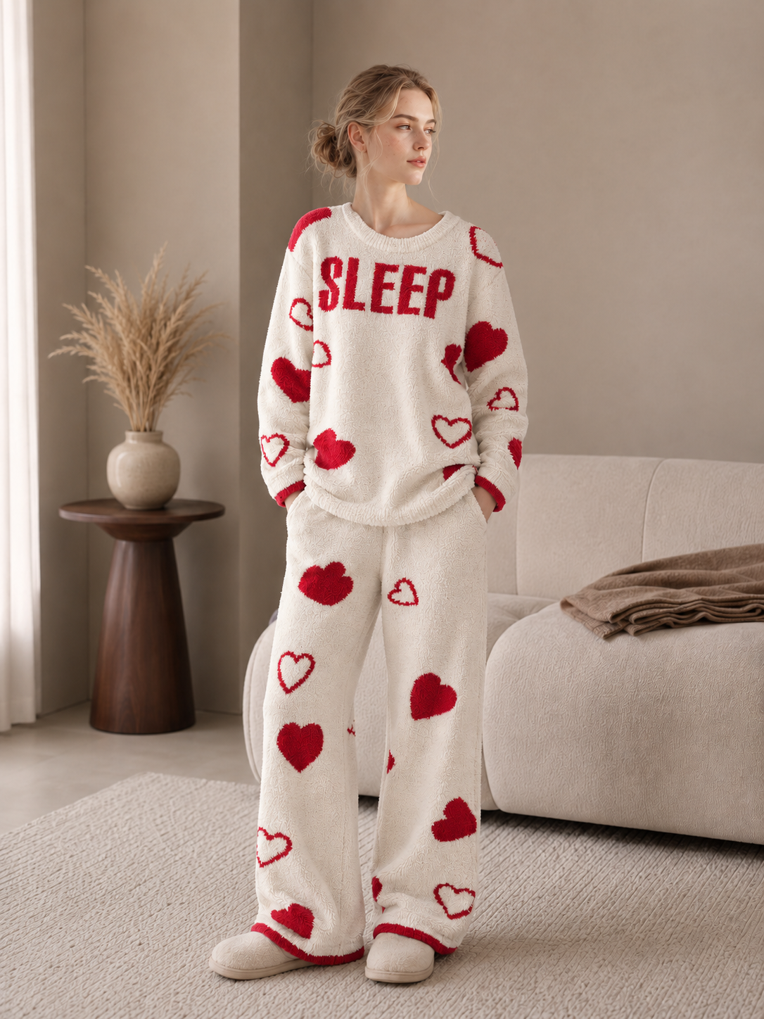 Women's Off-White and Red Half Fleece Pajama Set, Crew Neck Long Sleeve Top & Elastic Waist Wide Leg Pants, Allover Heart Pattern, Chest SLEEP Letter Jacquard