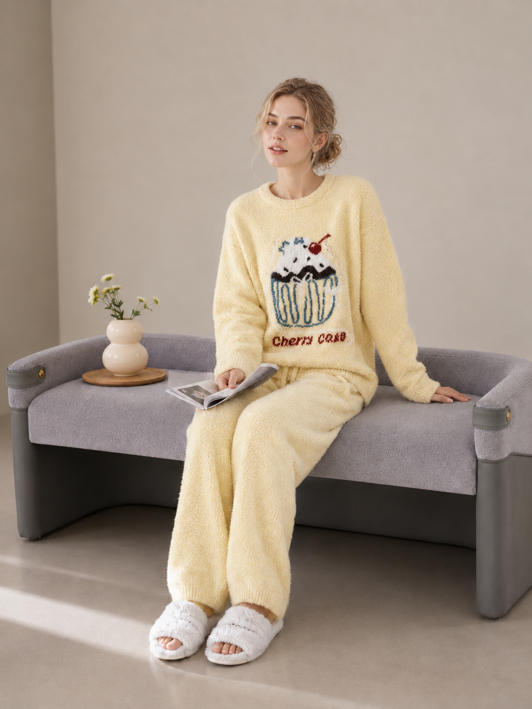 Women's Light Yellow Half Fleece Pajama Set, Crew Neck Long Sleeve Top & Drawstring Wide Leg Pants, Cherry Cupcake Graphic, Side Pocket Detail
