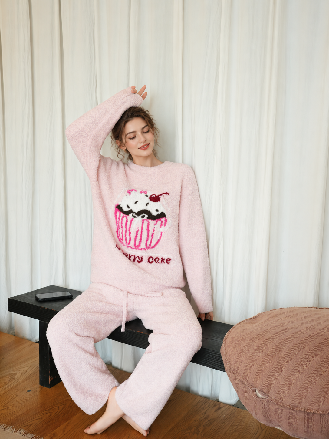 Women's Pink Half Fleece Pajama Set, Crew Neck Long Sleeve Top & Drawstring Wide Leg Pants, Cherry Cupcake Print, Drawstring Waist Detail