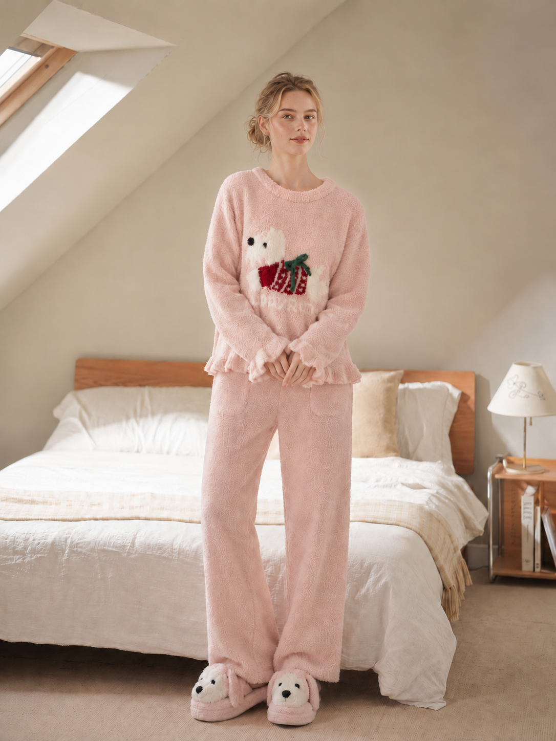 Women's Pink and White Half Fleece Pajama Set, Crew Neck Long Sleeve Pullover Top & Elastic Waist Wide Leg Pants, Puppy and Letter Jacquard, Ruffled Trim Detail