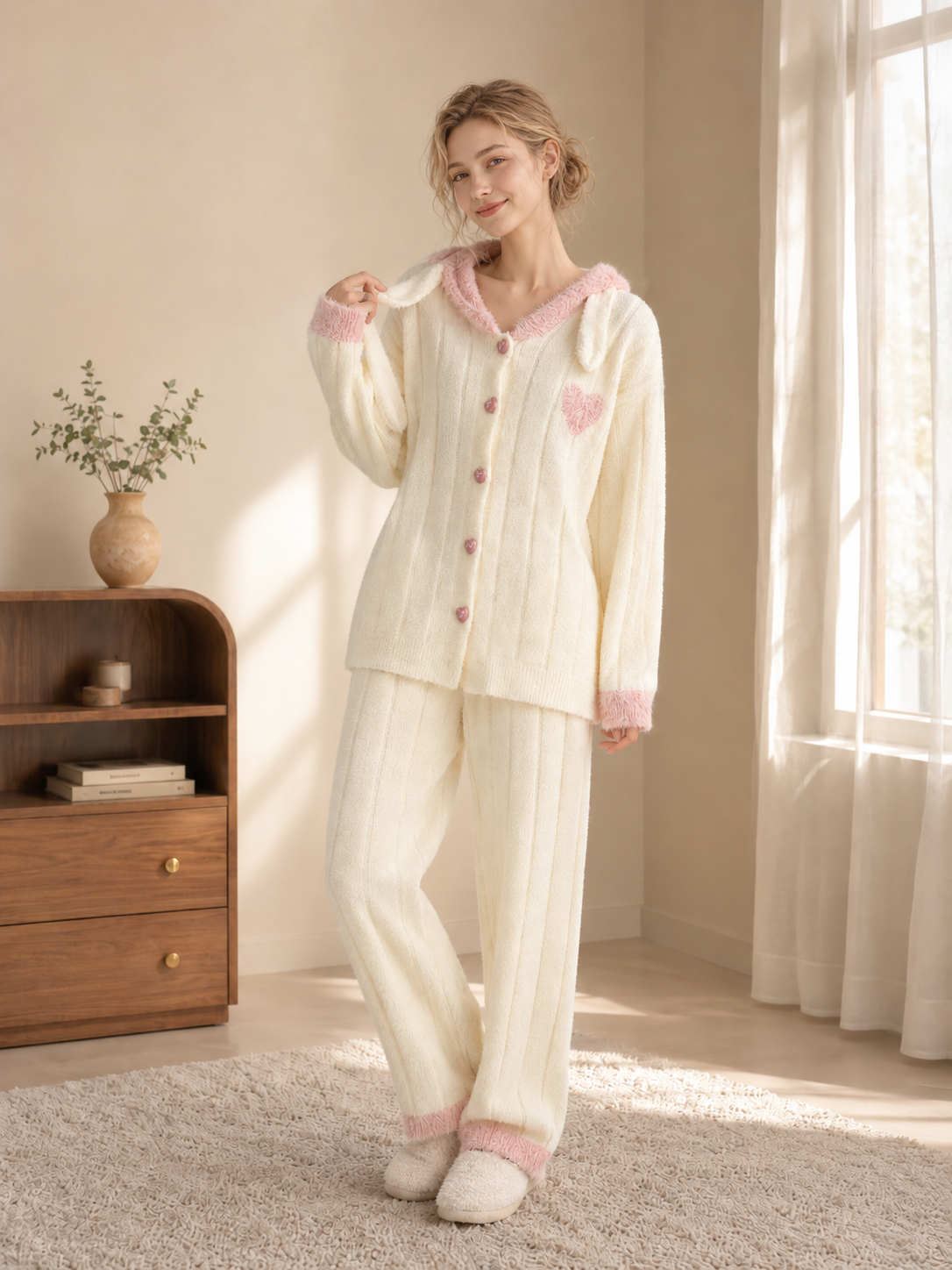 Women's Off-White and Pink Half Fleece Pajama Set, Bunny Ear Hooded Button Front Long Sleeve Top & Wide Leg Pants, Vertical Ribbed Texture, Chest Heart Detail, Furry Trim