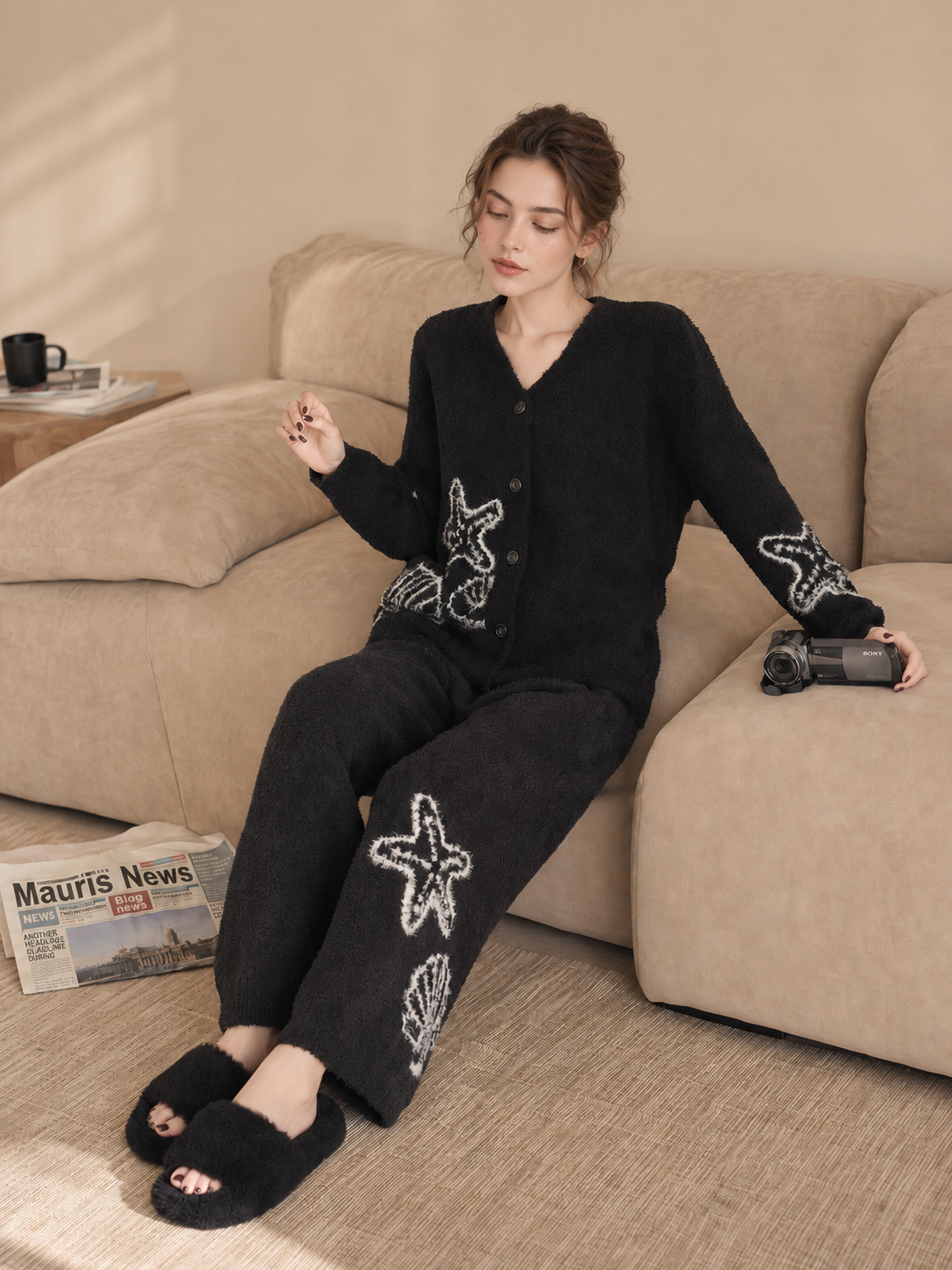 Women's Black Half Fleece Loungewear Set, V-neck Long Sleeve Top & Wide Leg Pants, Starfish & Seashell Pattern, Front Full Length View