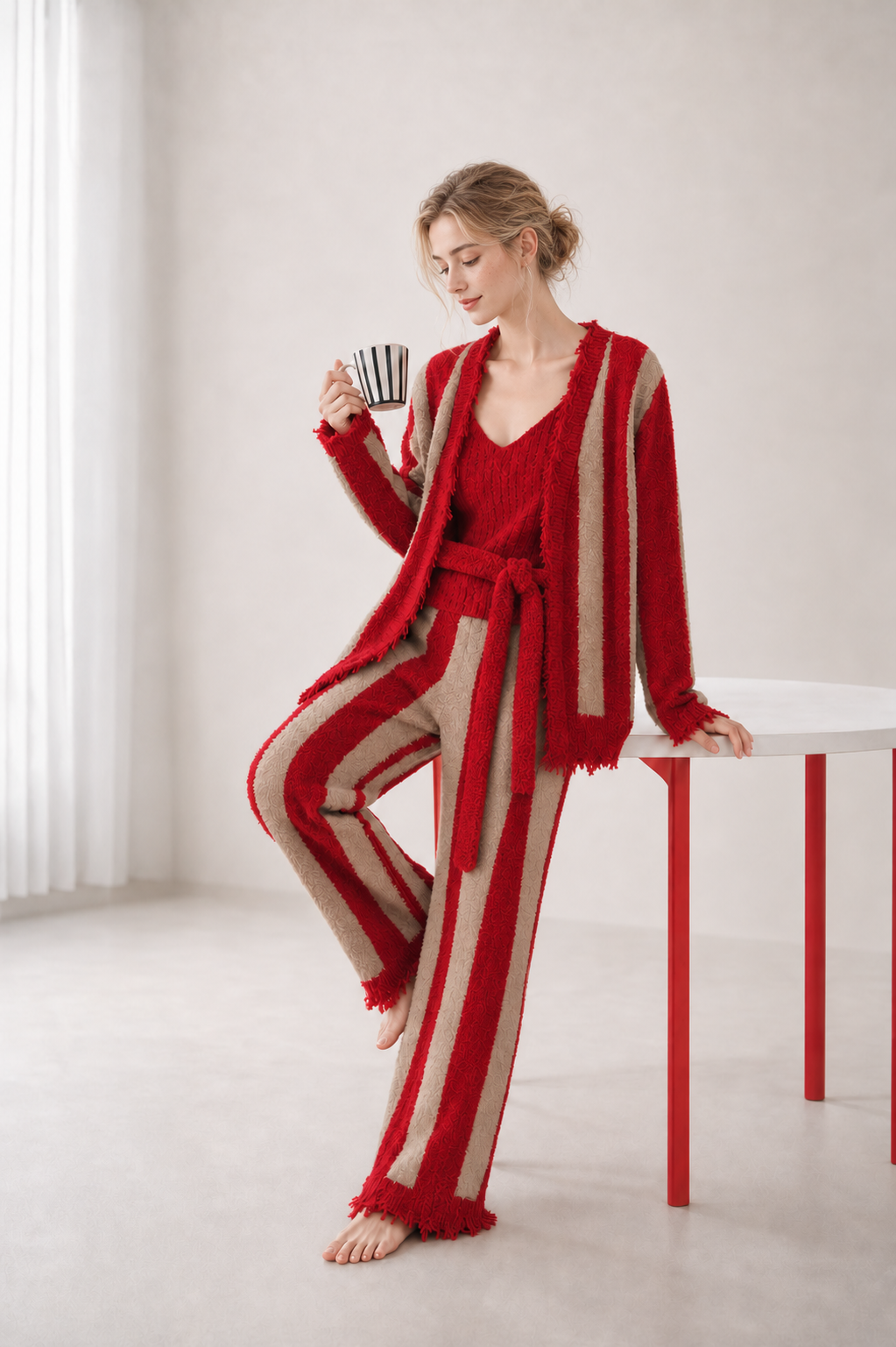 Women's Red & Khaki Half Fleece Sleepwear Set, 3-Piece Vertical Stripe Frayed Edge Cardigan & Wide Leg Pants, Relaxed Fit Front View