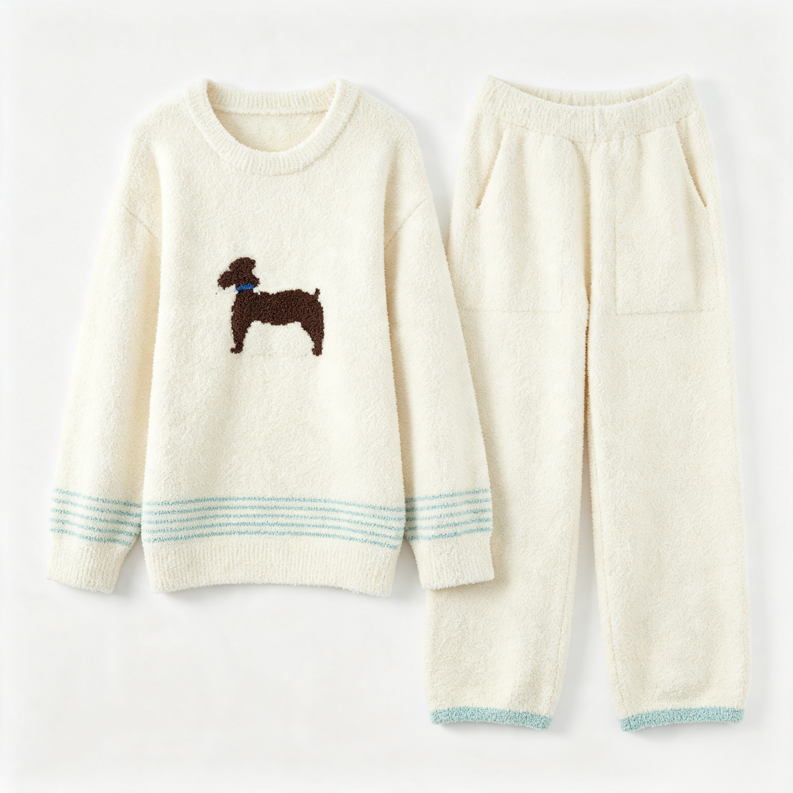 Women's Cream White Half Fleece Sleepwear Set, Puppy Graphic & Light Blue Stripe Trim Top & Straight Leg Pants, Full Length Front View