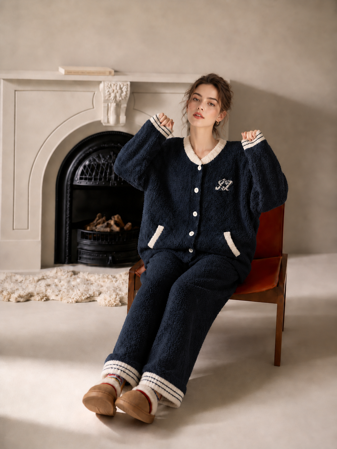 Navy Blue & Cream Half Fleece Sleepwear Set, Contrast Ribbed Trim Button Top, Long Pants with Striped Ankle Cuffs