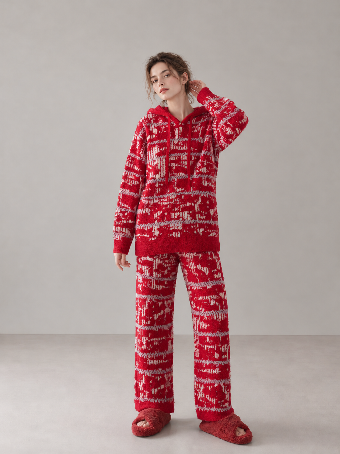 Women's Red and Off-White Half Fleece Pajama Set, Hooded Drawstring Long Sleeve Top & Wide Leg Pants, Geometric Jacquard Weave Design