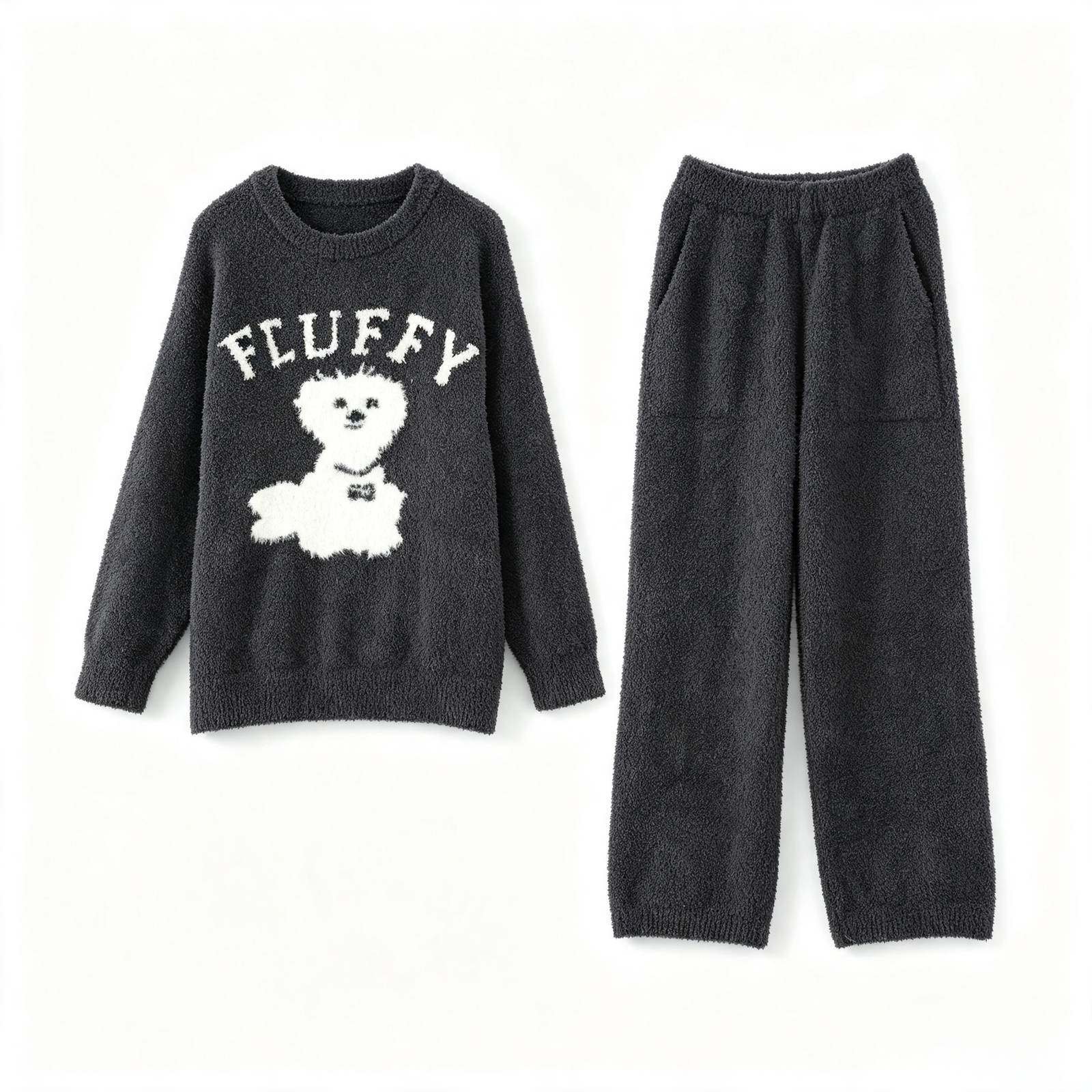 Women's Dark Gray Half Fleece Pajama Set, Round Neck Long Sleeve Top & Pocketed Wide Leg Pants, "FLUFFY" Letter and Puppy Chest Jacquard