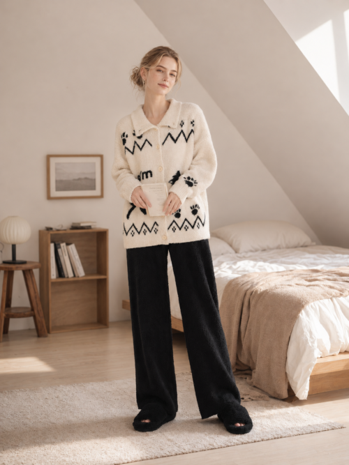 Women's Cream & Black Half Fleece Pajama Set, Collared Button Long Sleeve Top & Pocketed Wide Leg Pants, Puppy & Paw Print Jacquard Pattern