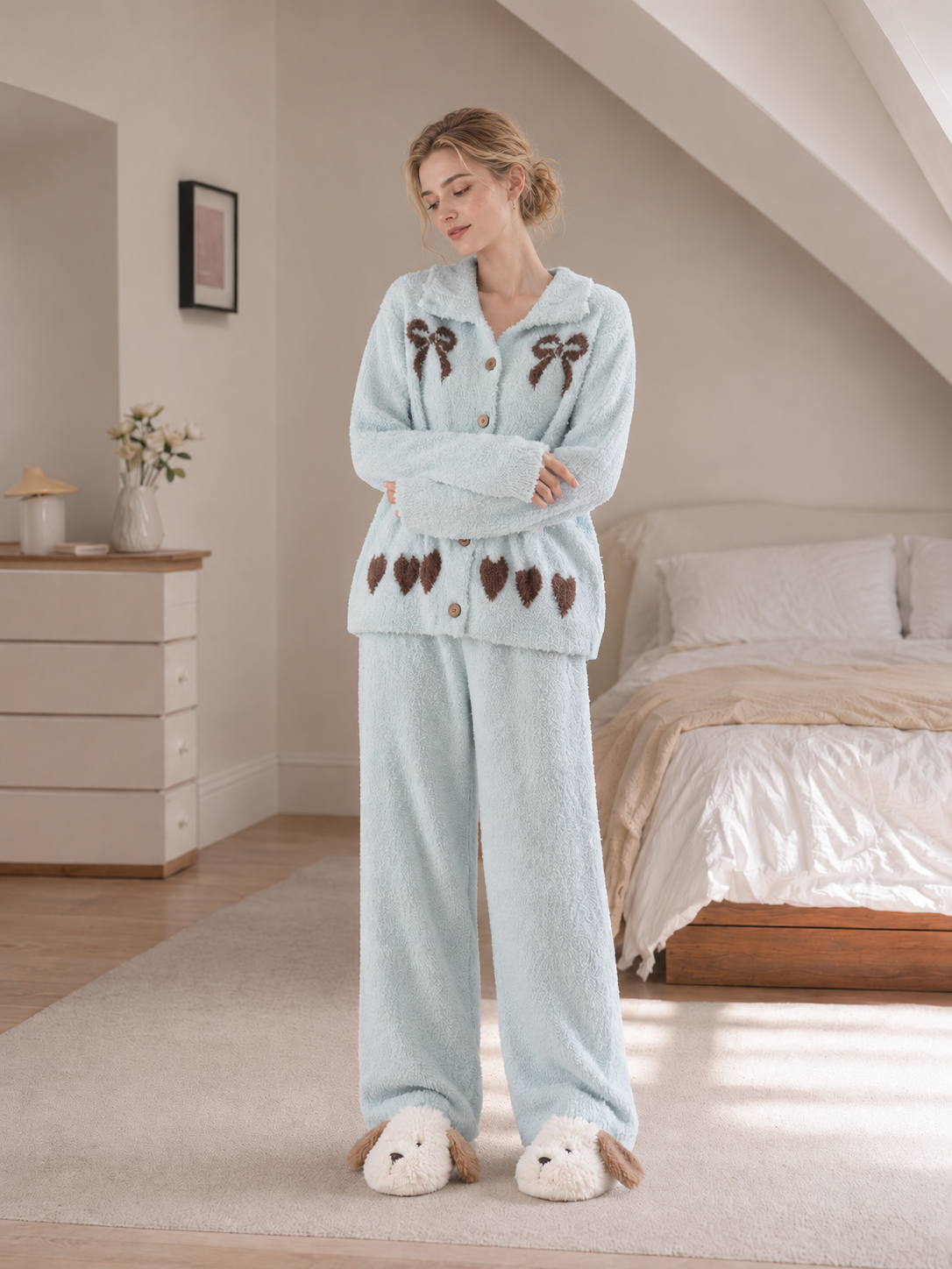 Women's Light Blue Half Fleece Pajama Set, Collared Long Sleeve Button Top & Wide Leg Pants, Brown Bow & White Dove Heart Jacquard