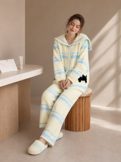 Women's Cream Yellow & Light Blue Half Fleece Sleepwear Set, Sailor Collar Button Long Sleeve Top & Striped Wide Leg Pants, Puppy Jacquard Pocket Detail