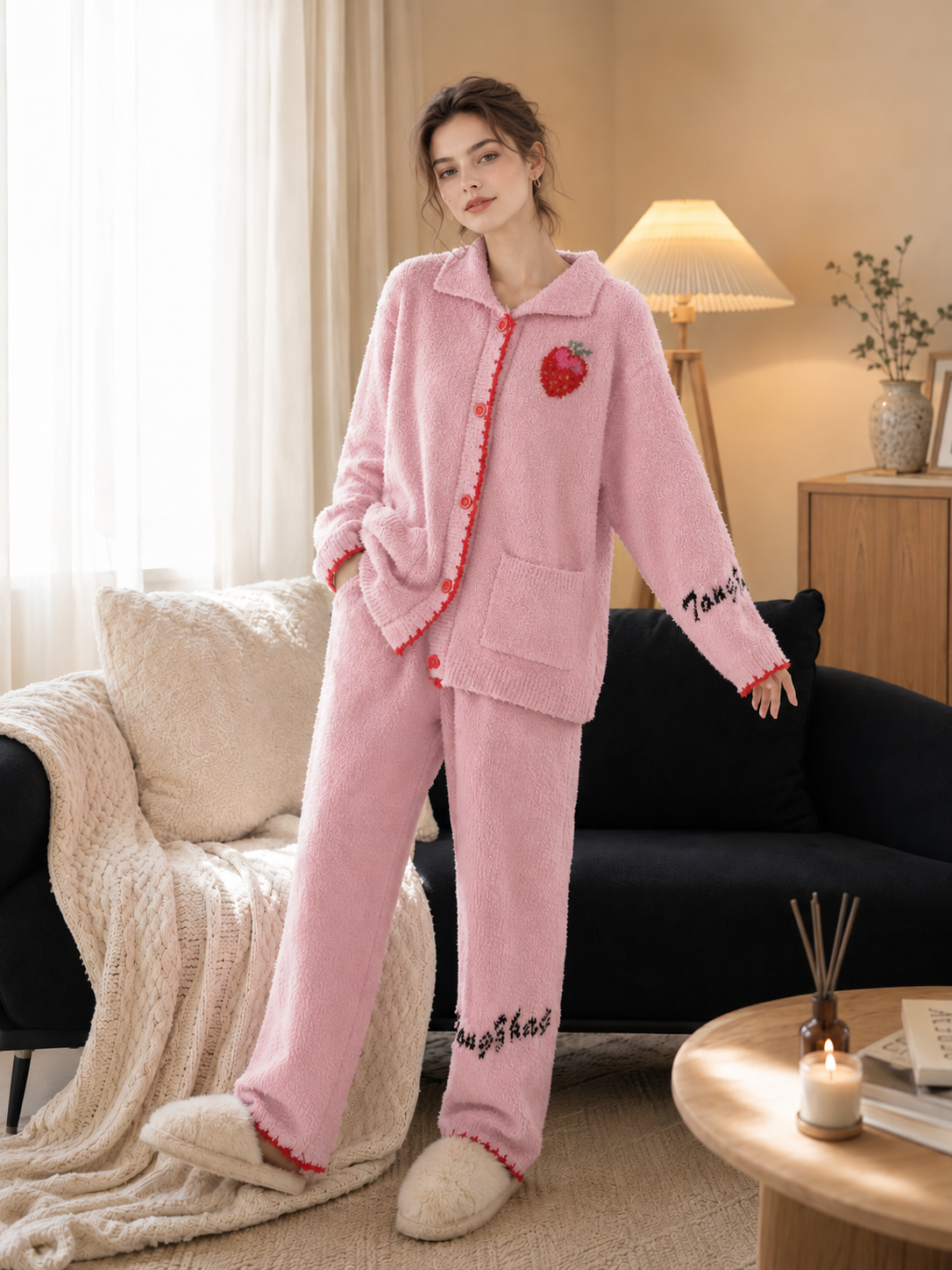 Women's Pink Half Fleece Pajama Set, Lapel Collar Full Button Long Sleeve Top & Elastic Waist Wide Leg Pants, Strawberry & Letter Graphic, Shell Edge Trim & Front Pockets