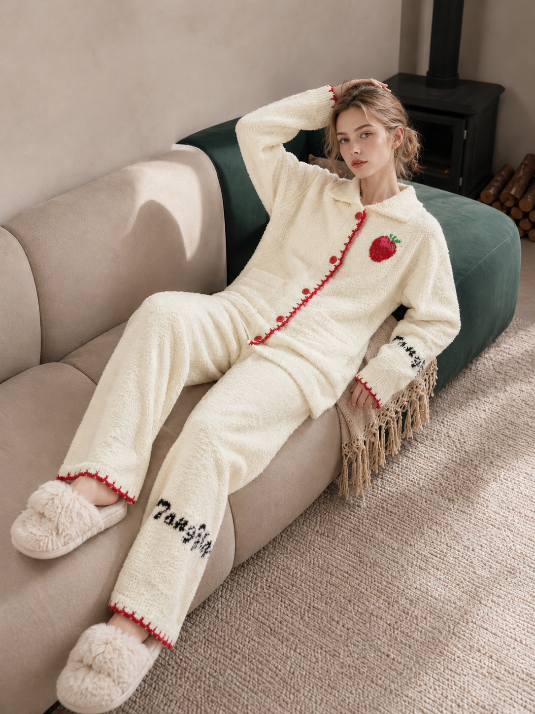 Women's Off-White Half Fleece Pajama Set, Shirt Collar Full Button Long Sleeve Top & Elastic Waist Wide Leg Pants, Strawberry & Letter Embroidery, Contrast Shell Edge Trim & Pockets